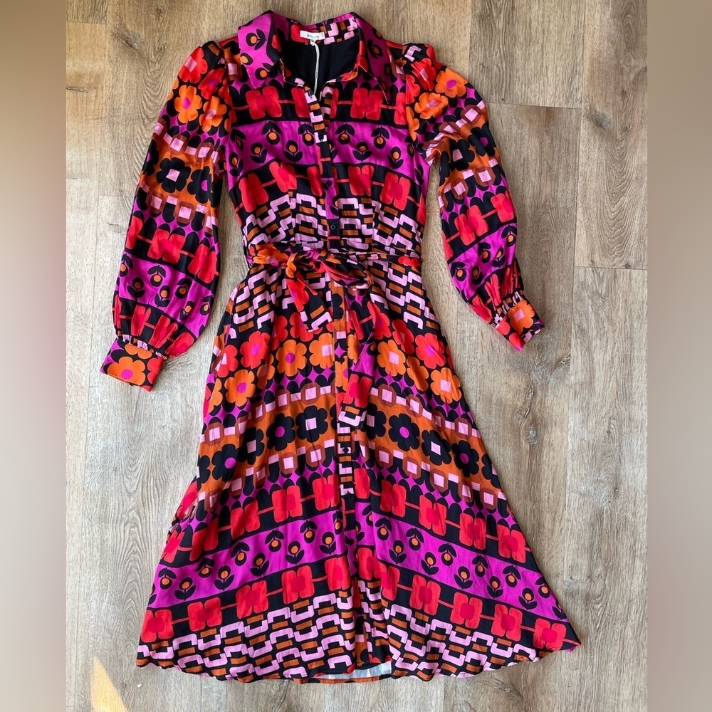 BTFL-Life Retro Floral Shirt Dress XS Belted Long Sleeve 70s Mod Boho Print